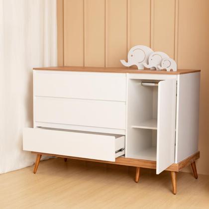 Imagem de Cômoda Infantil de Bebê Canção De Ninar 3 Gavetas 1 Porta Branco com Madeira Divicar