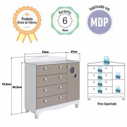Imagem de Cômoda Infantil Organizadora 4 Gavetas Grande e 1 Porta com Prateleira e Trocador para Quarto de Bebê