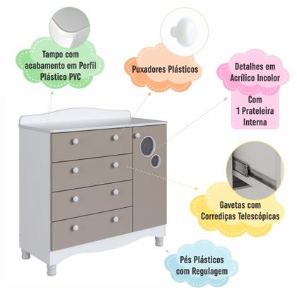 Imagem de Cômoda Infantil Organizadora 4 Gavetas Grande e 1 Porta com Prateleira e Trocador para Quarto de Bebê