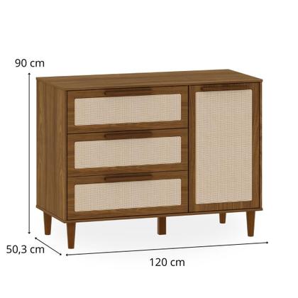 Imagem de Cômoda Infantil Paglia com Rattan 3 Gavetas e Porta Palhinha Natural Espaço Trocador MDF  Nogueira com Louro Freijó