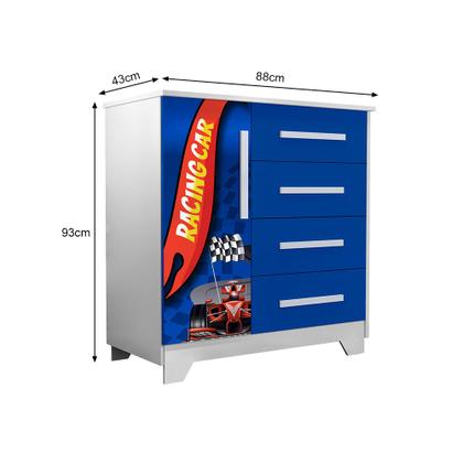 Imagem de Cômoda Infantil Personagens Carros 4 Gavetas 1 Porta Mdf - Azul
