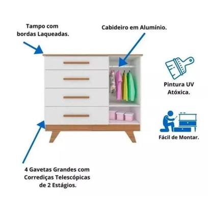 Imagem de Cômoda Infantil Retrô Peroba em 100%  MDF Branco com Amêndoa