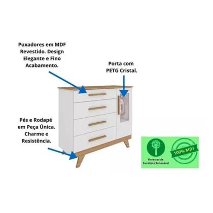 Imagem de Cômoda Infantil Retrô Peroba em 100%  MDF Branco com Amêndoa