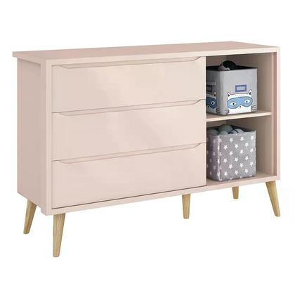 Imagem de Cômoda Infantil Theo 1 Porta e 3 Gavetas Rosa Fosco com Pés Madeira Natural - Reller Móveis