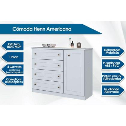 Imagem de Cômoda Juvenil Americana c/ 1 Porta e 4 Gavetas Branco - Henn