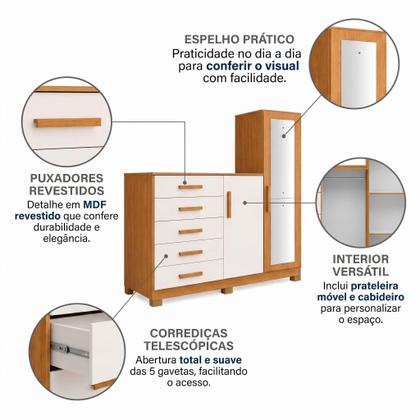 Imagem de Cômoda New Master com 5 Gavetas 2 Portas e Espelho - Carvalho/Off White