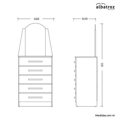 Imagem de Cômoda New Veneza para Quarto de Solteiro 5 Gavetas com Espelho Móveis Albatroz