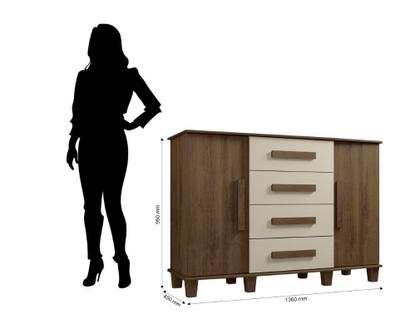 Imagem de Cômoda/Organizador/Multiuso/Sapateira BAR Modelo Retrô 2 portas Com Prateleiras Internas e 4 Gavetas Com Corrediças telescópicas Cor freijó/Off White