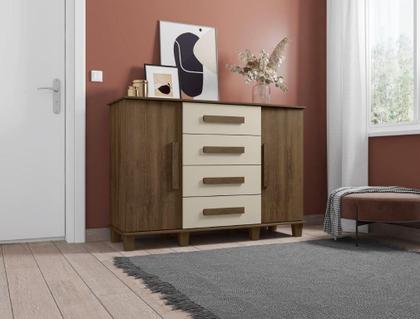 Imagem de Cômoda/Organizador/Multiuso/Sapateira BAR Modelo Retrô 2 portas Com Prateleiras Internas e 4 Gavetas Com Corrediças telescópicas Cor freijó/Off White