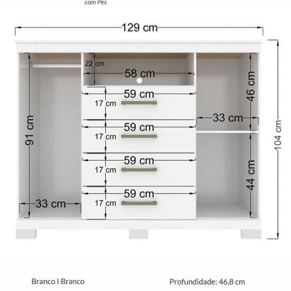 Imagem de Cômoda P/ Quarto 2 Portas 4 Gavetas Master Branco