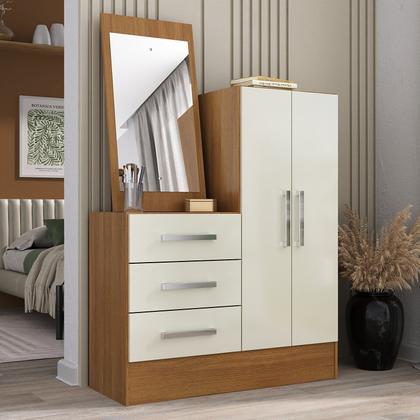 Imagem de Cômoda para Quarto 3 Gavetas 2 Portas com Espelho Dunas Cinanomo e Off White Yescasa Bege