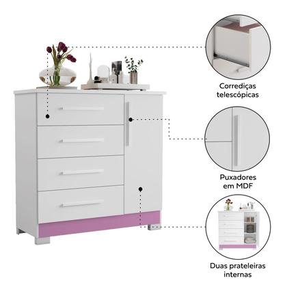 Imagem de Cômoda para Quarto 4 Gavetas e 1 Porta Nt 5185 Branco New/Rosa