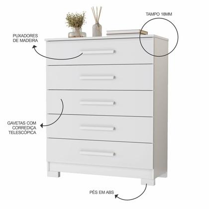 Imagem de Cômoda para Quarto 5 Gavetas 82cm Cristina Branco