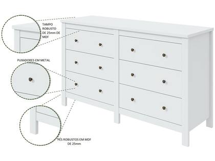 Imagem de Cômoda para Quarto 6 Gavetas Estilo Clássico MDF Maggiore New 162cm Espresso Móveis Branco