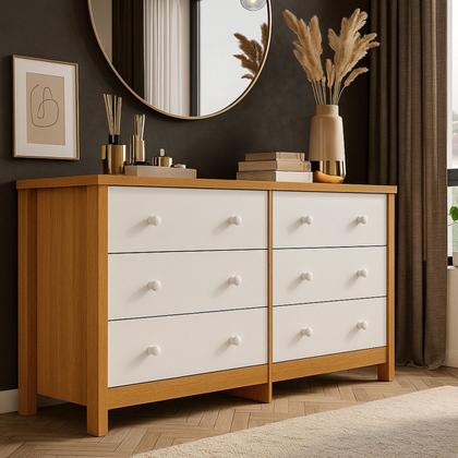 Imagem de Cômoda para Quarto Adulto 6 Gavetas 100 MDF Amplo Espaço Corrediça Telescópica Branco com Madeira Design Moderno Cômoda Grande