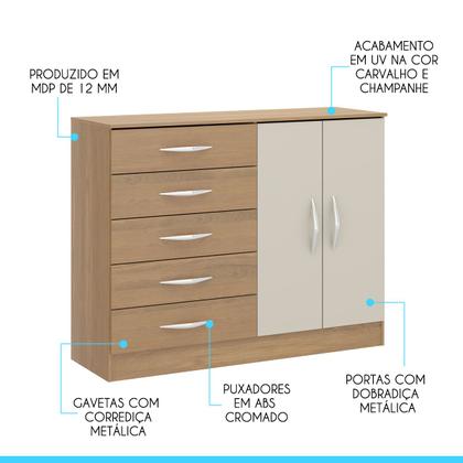 Imagem de Cômoda para Quarto Casal 93 x 119 Cm 5 Gavetas 2 Portas MDP Carvalho Champanhe 1043 MENU