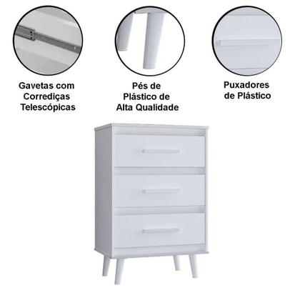 Imagem de Cômoda Para Quarto Pé Palito 3 Gavetas Lima Branco