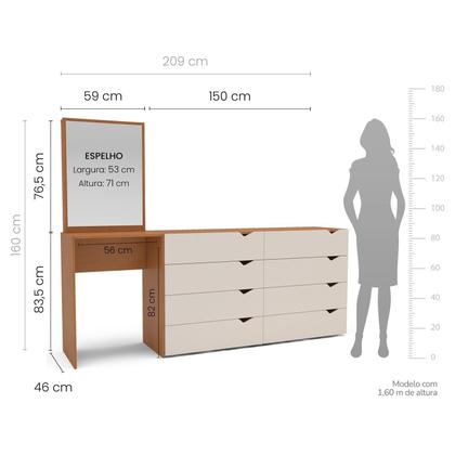 Imagem de Cômoda Penteadeira 8 Gavetas com Espelho Porto Creme/Freijó