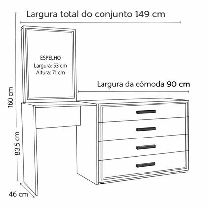 Imagem de Cômoda Penteadeira com Espelho 150cm 4 Gavetas Valência Politorno Móveis