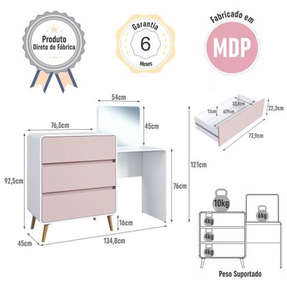 Imagem de Cômoda Penteadeira Multifuncional com Espelho e 3 Gavetas Grande para Quarto Estilo Retrô