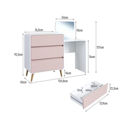Imagem de Cômoda Penteadeira Multifuncional com Espelho e 3 Gavetas Grande para Quarto Estilo Retrô