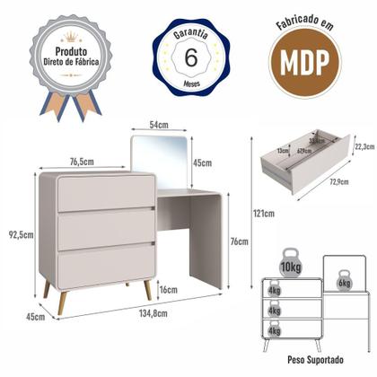Imagem de Cômoda Penteadeira Multifuncional com Espelho e 3 Gavetas Grande para Quarto Estilo Retrô