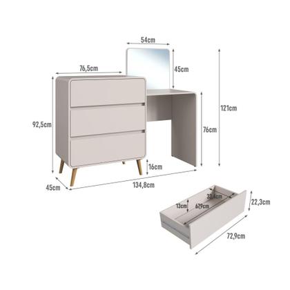 Imagem de Cômoda Penteadeira Multifuncional com Espelho e 3 Gavetas Grande para Quarto Estilo Retrô