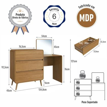 Imagem de Cômoda Penteadeira Multifuncional com Espelho e 3 Gavetas Grande para Quarto Estilo Retrô