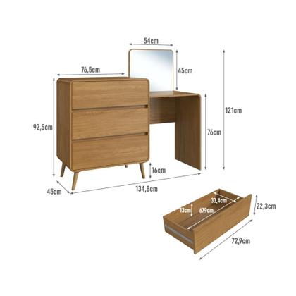 Imagem de Cômoda Penteadeira Multifuncional com Espelho e 3 Gavetas Grande para Quarto Estilo Retrô