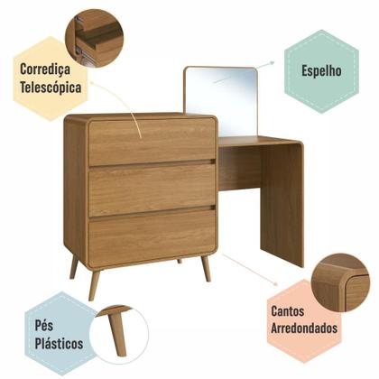 Imagem de Cômoda Penteadeira Multifuncional com Espelho e 3 Gavetas Grande para Quarto Estilo Retrô