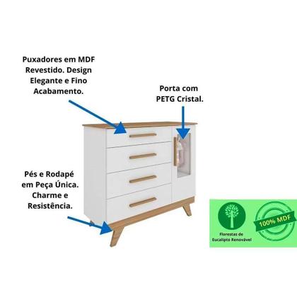 Imagem de Cômoda Peroba Retrô Porta PETG Crista 4 Gav Branco