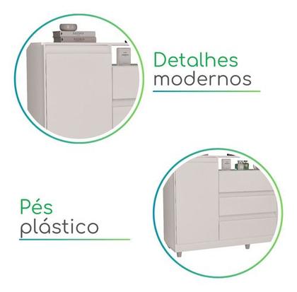 Imagem de Cômoda Quarto 3 Gavetas 1 Portas Branco Sky