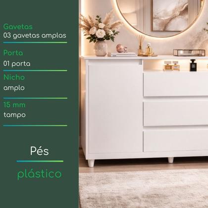 Imagem de Cômoda Quarto 3 Gavetas 1 Portas Branco Sky