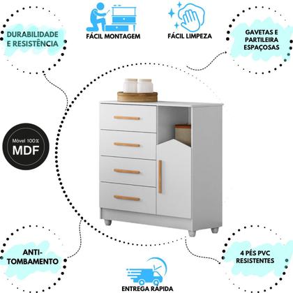 Imagem de Cômoda Quarto Mdf Infantil Bebê 4 Gavetas 1 Porta Resistente