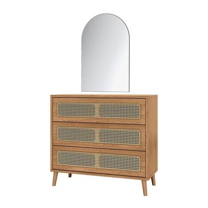 Imagem de Cômoda Retrô 3 Gavetas com Espelho Porta Telada 100% MDF Marrom/Freijo Madeirado