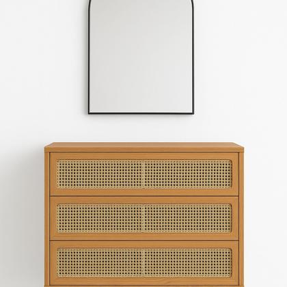 Imagem de Cômoda Retrô 3 Gavetas com Espelho Porta Telada 100% MDF Marrom/Freijo Madeirado