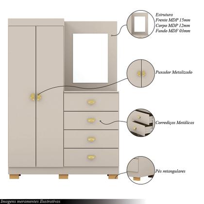 Imagem de Cômoda Roupeiro Allure 4 Gavetas 1 Espelho 2 Portas com Prateleiras MDF Fendi G98 Gran Belo