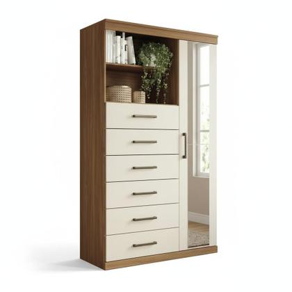 Imagem de Cômoda Sapateira Multiuso 6 Gavetas 1 Porta com Espelho Marabá Jatobá/Areia
