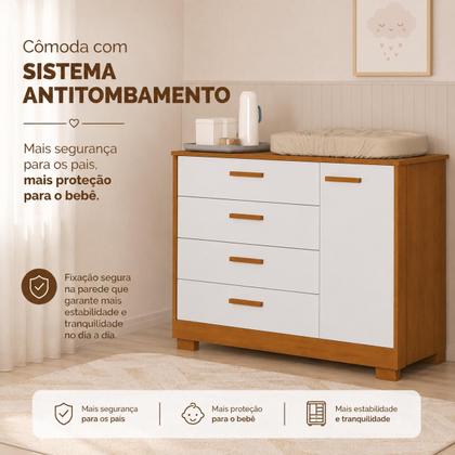 Imagem de Cômoda Sapateira Zaki para Quarto de Bebê 100% MDF Branco/Fosco/Savana