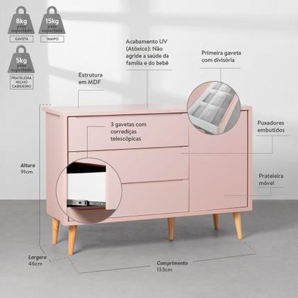 Imagem de Cômoda Theo 1 Porta com Pés Retro Natural - Rosa