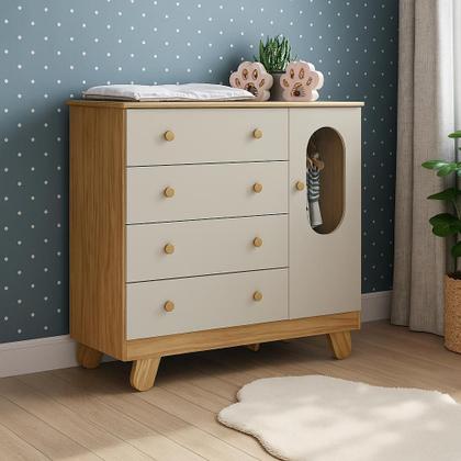 Imagem de Cômoda Trocador Bebê Pingo 4 Gavetas Lisa Off Com Amêndoa