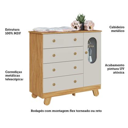 Imagem de Cômoda Trocador Bebê Pingo 4 Gavetas Lisa Off Com Amêndoa
