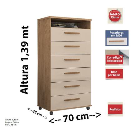 Imagem de Cômoda Veneza 6 gavetas Amendoa Off White com nicho e rodízios