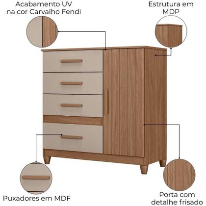 Imagem de Comoda Venus 4 Gavetas 1 Porta Com Pes 98 cm Moval