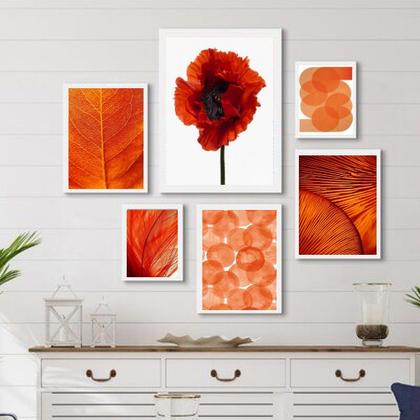 Imagem de Composição 6 Quadros Laranjas- Abstrato Flores Folhas - com vidro