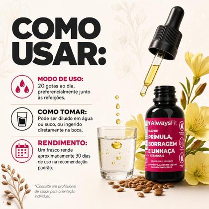 Imagem de Composto Meno AlwaysFit  Óleo de Prímula Óleo de Borragem Óleo de Linhaça Vitamina E  30ml