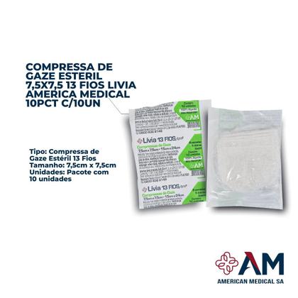 Imagem de COMPRESSA DE GAZE ESTERIL 7,5x7,5 13 FIOS LIVIA AMERICA MEDICAL - 10PCT C/10UN