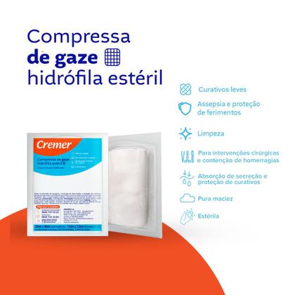 Imagem de Compressa De Gaze Hidrófila Estéril 100% Algodão Puro 11 Fios 7x5cm x 7,5cm 5 Unidades Cremer