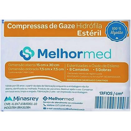 Imagem de Compressa Gaze MelhorMed Estéril 13 fios 7.5x7.5cm 10 gazes