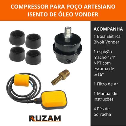 Imagem de Compressor Ar Direto de Poço Artesiano de até 50 Metros 1HP com Bóia Elétrica Sem Oleo Não Contamina Poço